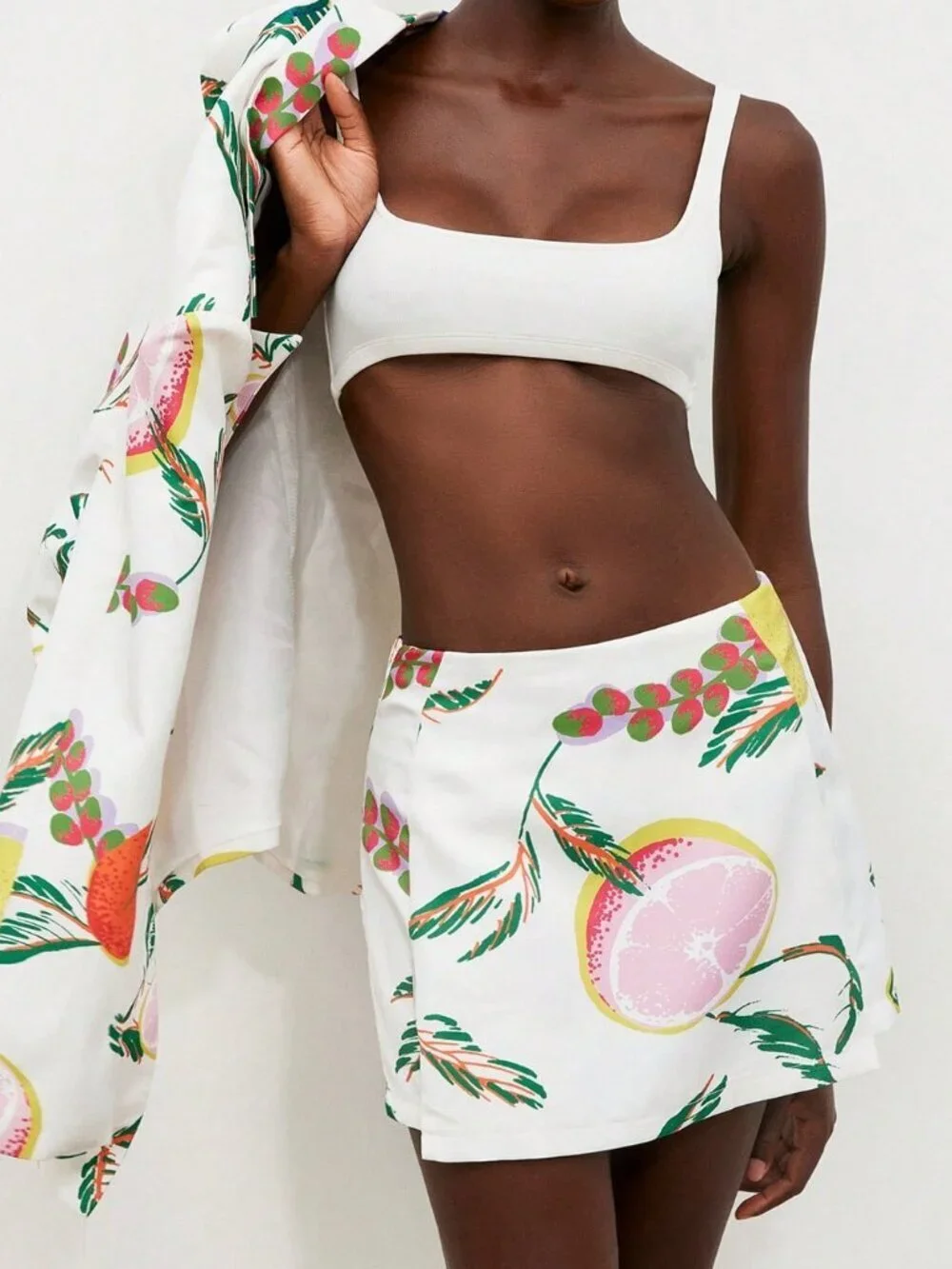 Multicolor Casual Women's Tropical Fruit Print Oversized Suit Jacket & Skort Set